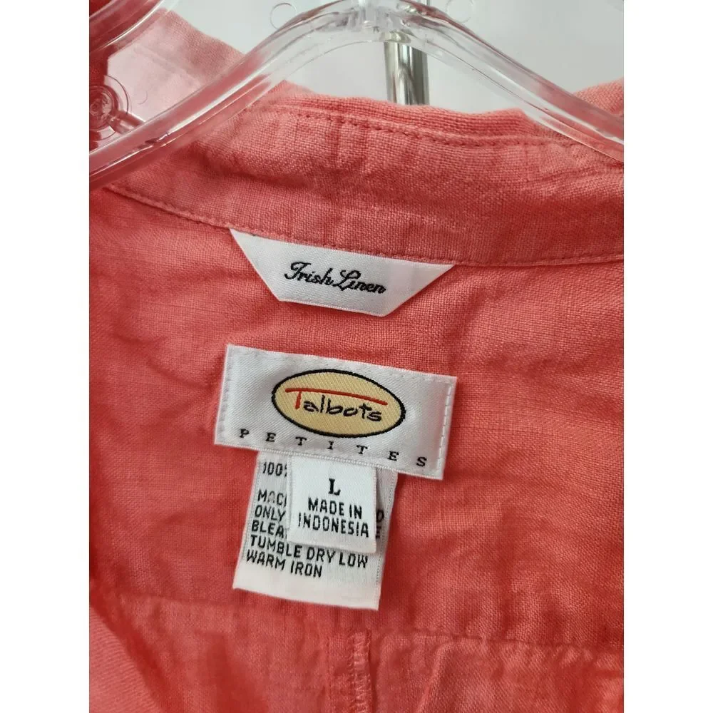 Talbots Petites Irish Linen Button Down Shirt Coral Pink 3/4‎ Sleeve Large P - Picture 2 of 5